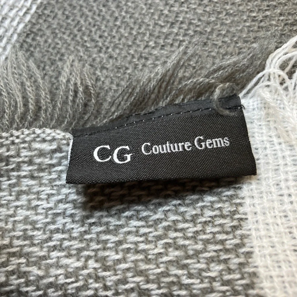 CG Couture Gems Womans Oversized Plaid Fringe Scarf Grey  Taupe White